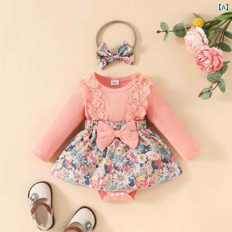 ワンピース ベビー 女の子 長袖 レース フリル リボン 花柄 リブ編み Aライン 欧米風 かわいい ニット ..