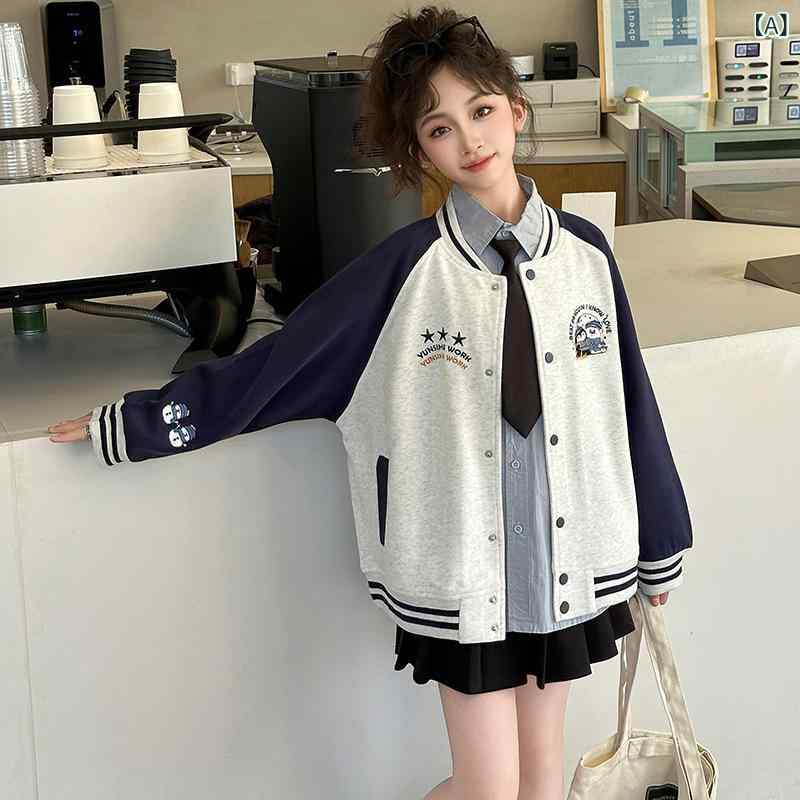 ジャケット ガールズ キッズ ジュニア 春秋 韓国風 おしゃれ かわいい 野球服 スタジャン ショート丈 綿 ペンギン刺繍 普段使い 通学 白系 アイボリー
