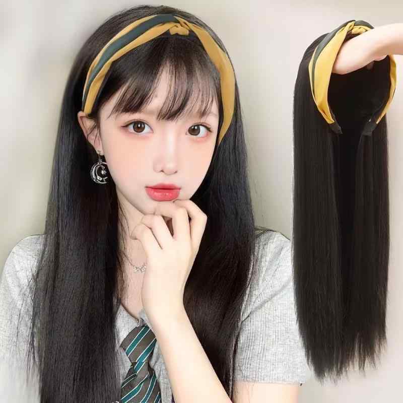 ウィッグ レディース ロング ストレート カチューシャ付き ヘアバンド 襟足 ハーフウィッグ 自然 かつら エクステ 頭頂部 盛り髪 ボリュームアップ 黒髪 茶髪