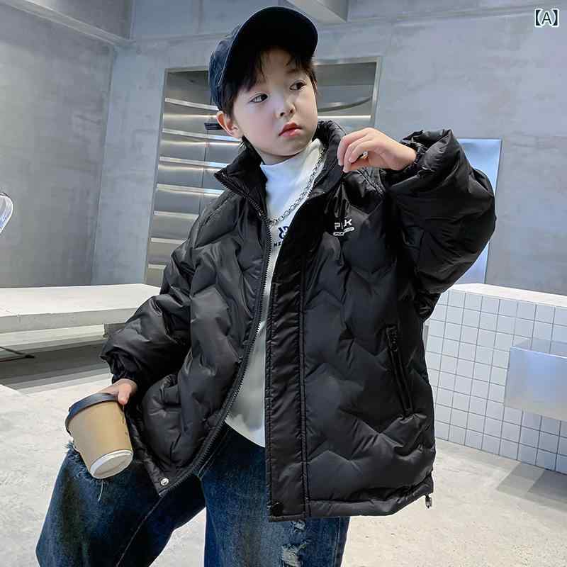 Coat - ダウンジャケット 男の子 ジュニア 厚手 暖かい 防寒 秋冬 アウター ホワイトダックダウン ショート丈 フードなし ノーカラー ジップアップ ファスナー 長袖 ゆったり ルーズフィット カジュアル スポーツ おしゃれ トレンド 無地 ブラック カーキ