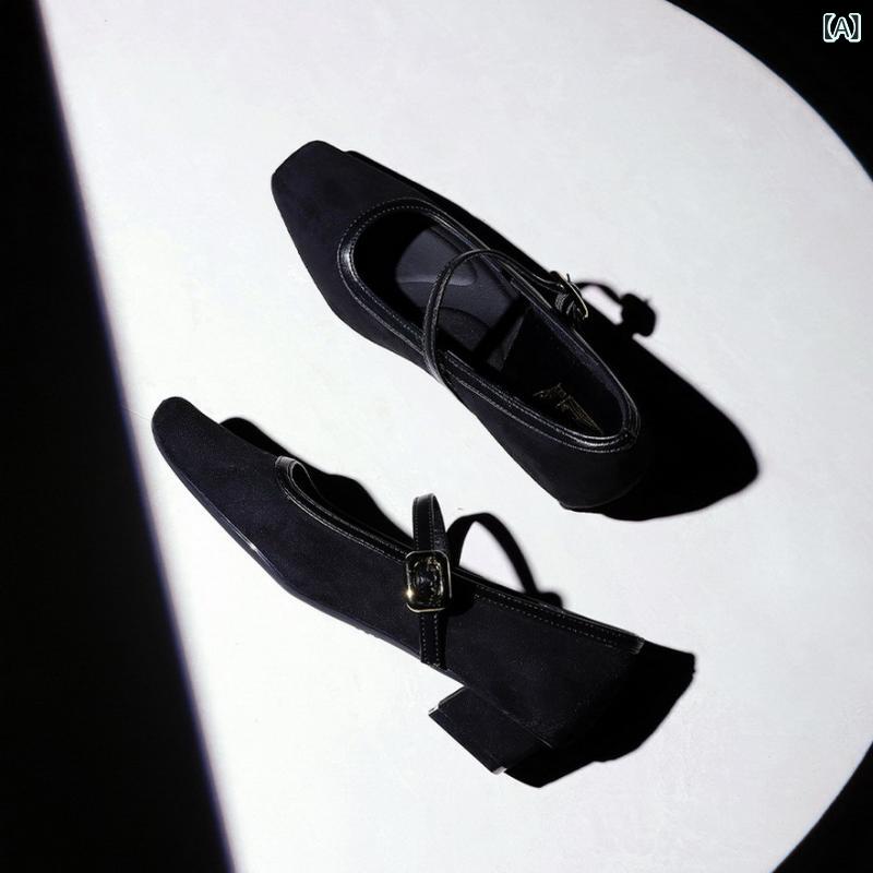 メリージェーンパンプス レディース 女性用 欧米風 ヒョウ柄 スエード 太ヒール チャンキーヒール ローヒール スクエアトゥ 浅め 一字ストラップ 厚底 春秋 普段使い お出かけ