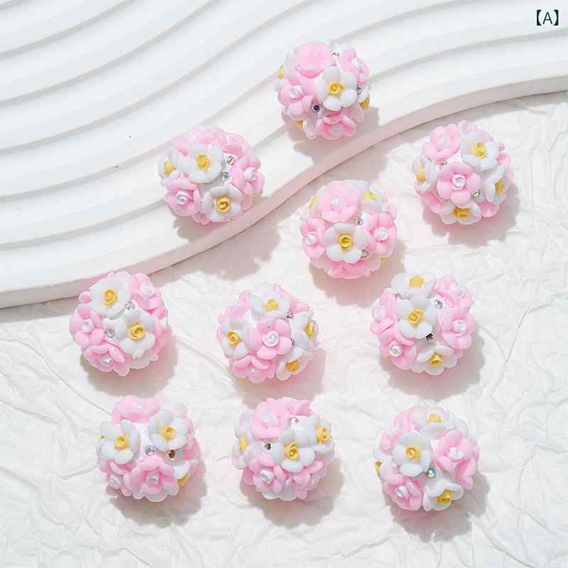 アクセサリーパーツ 樹脂粘土 フラワーボール カラフル 多色 貫通穴 ハンドメイド DIY チャーム 素材 ピンク 水色 緑 紫 黄色 丸形