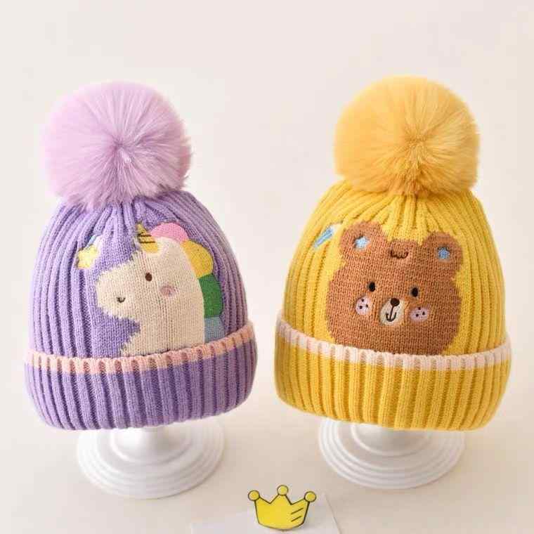 ニット帽 ベビー キッズ 男の子 女の子 かわいい 秋冬 ポンポン付き アクリル 毛糸 あったか 防寒 通気性 防風 キャラクター 恐竜 ウサギ クマ つばなし 丸型(x2)