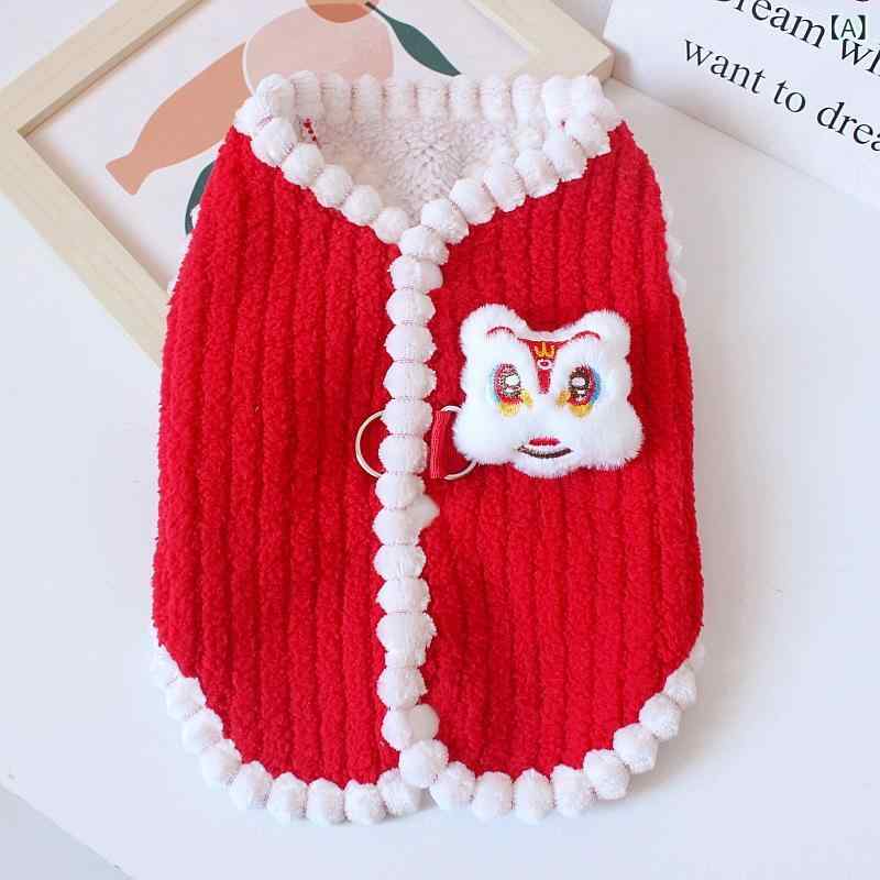 ペット ベスト 犬 猫 小型犬 秋冬 お正月 お散歩 お出かけ 普段使い 中綿入り 保温 暖かい サンゴフリース 縦縞 龍 獅子柄