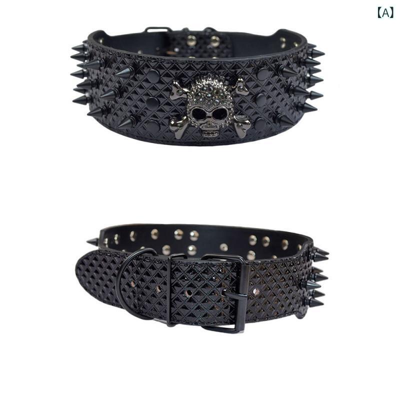 犬用首輪 中大型犬 スカルデザイン パンクスタイル ヒョウ柄 ゴールデンレトリバー ハスキー ボーダーコリー アラスカンマラミュート PUレザー 合成皮革 お散歩 アウトドア 高耐久 丈夫 カラー
