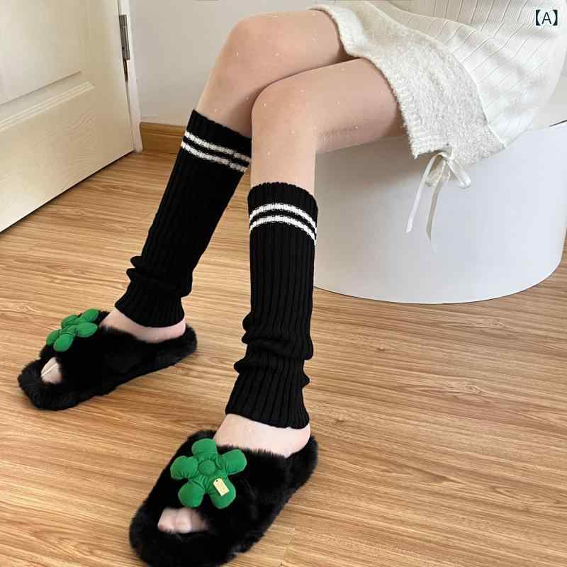 レッグウォーマー レディース 女性用 秋冬 ミドル丈 ふくらはぎ丈 縦リブ 2本ライン シンプル くしゅくしゅ ルーズソックス風 保温 あったか 防寒 綿素材 冷え対策 普段使い(x3)