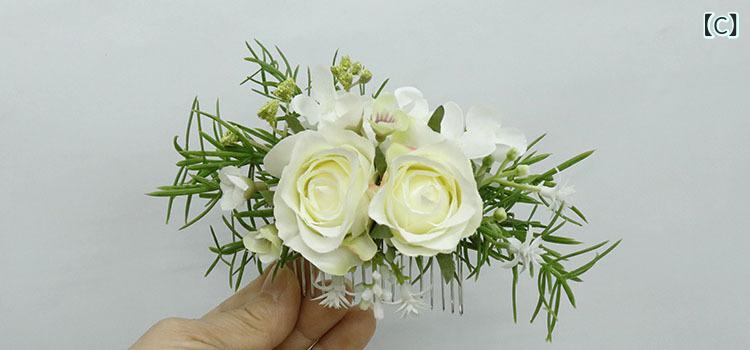 髪飾り ヘッドドレス 森ガール風 ナチュラル ハンドメイド 花嫁 ブライダル ウェディング 結婚式 リゾート ロケーションフォト 前撮り フォトプロップス ホワイトグリーン 布製 フラワーモチーフ ヘアオーナメント(x2) 3