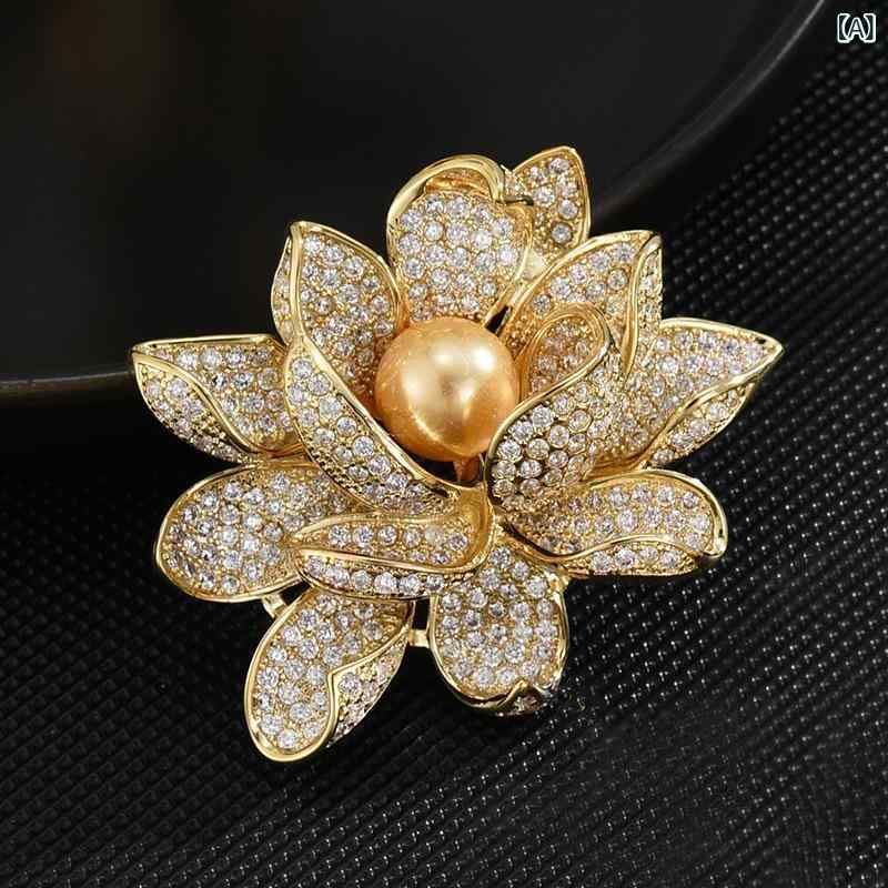 ブローチ レディース 韓国ファッション エレガント 蓮の花モチーフ ゴールド パール ジルコニア 上品な輝き スーツ ジャケットアクセサリー フォーマル 結婚式 パーティー 卒業式 入学式 通勤 普段使い