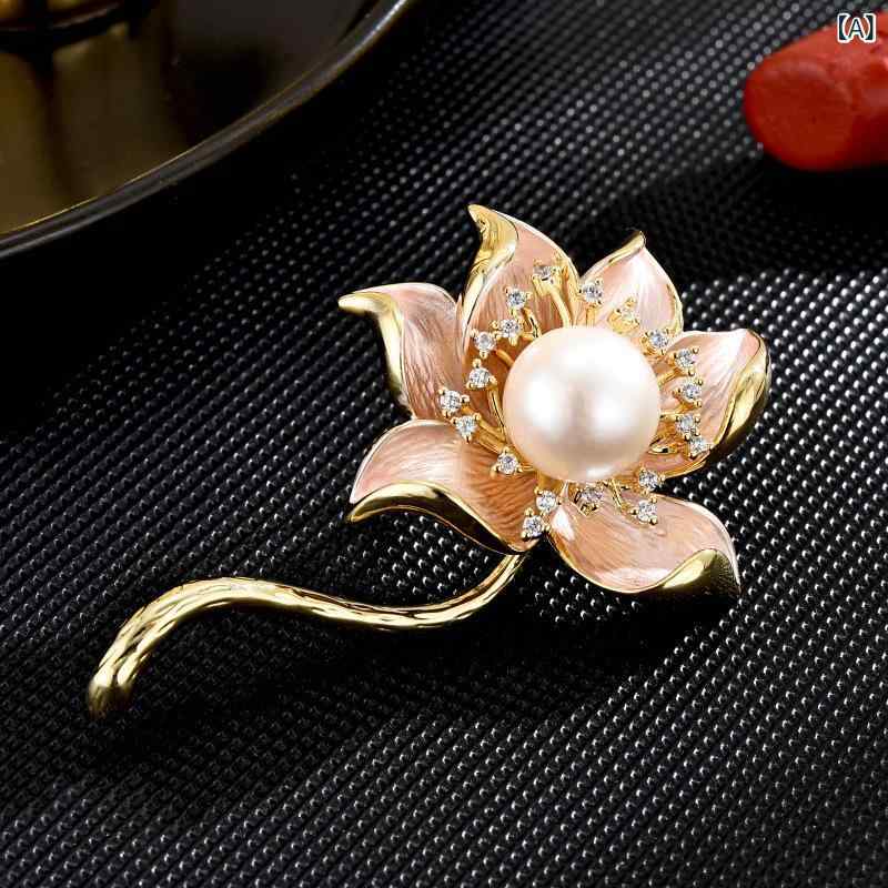 ブローチ レディース 中国風 レトロモダン 蓮 ハス フラワーモチーフ エレガント 上品 優雅 淡水パール..