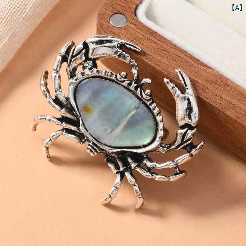 ブローチ ユニセックス レトロ アンティーク調 貝殻モチーフ シェル風 カニ 蟹 スーツ ジャケット 露出防止 2WAY ストーン装飾 ターコイズ風 亜鉛合金製 秋冬 SNS映え カジュアル アクセサリー