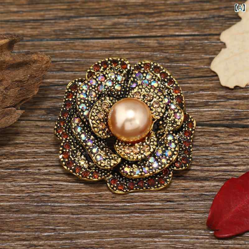 ブローチ 男女兼用 ラインストーン フラワー 牡丹 パール レトロ クラシック 合金製 ジャケット スーツ フォーマル 結婚式 入学式 卒業式 パーティー イベント おしゃれ カジュアル アクセサリー 服飾小物