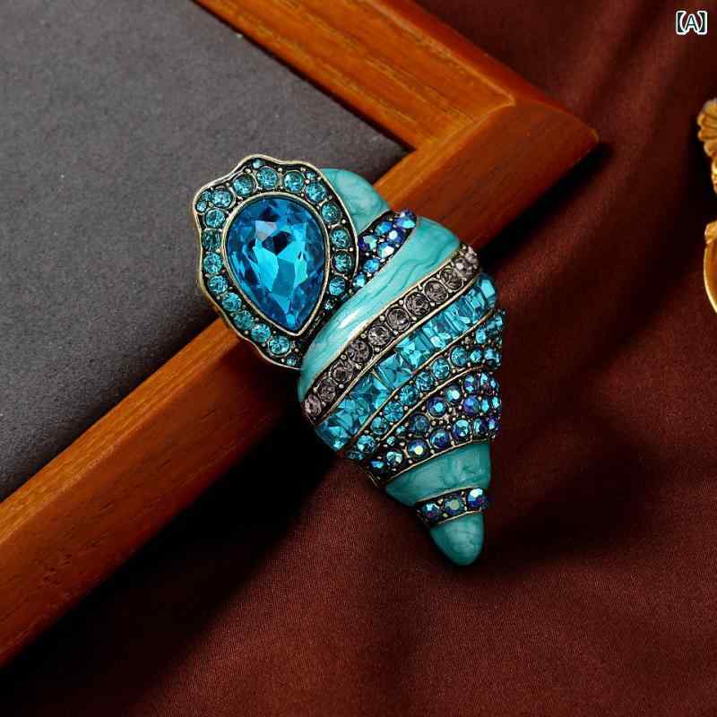 ・カテゴリ: ブローチ・素材: 亜鉛合金・デザイン: 海螺モチーフ、動物モチーフ・加工: ラインストーン装飾・カラー: 湖水色・機能: 装飾、固定・スタイル: 文芸レトロ・対象: 男女兼用