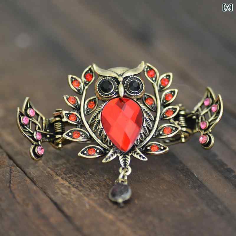 ヘアクリップ レトロ フクロウモチーフ 合金製 ラインストーン バンスクリップ クロークリップ アンティーク調 エレガント 上品 髪飾り 普段使い オフィス お出かけ プレゼント