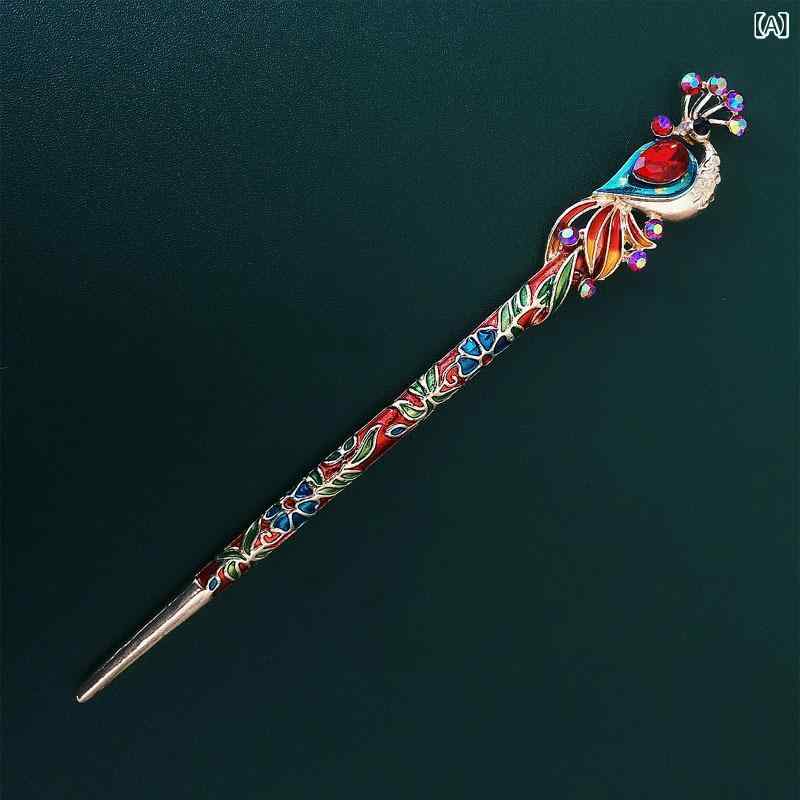 ヘアアクセサリー 孔雀 水晶 景泰藍 かんざし 簪 ヘアスティック レトロ アンティーク調 中国風 中華風 漢服 和装 着物 浴衣 まとめ髪 アップヘア 手作り 華やか 上品 電気メッキ
