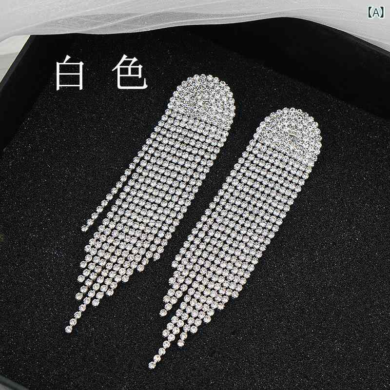Rhinestone - ピアス イヤリング レディース 欧米風 ゴージャス 煌めくジルコニア ロングフリンジ ブライダル ウェディング パーティー ドレス フォーマル アクセサリー シルバー ゴールド