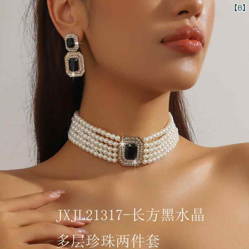 ネックレス ピアス セット レディース 欧米風 高級感 多層 フェイクパール 幾何学 長方形 クリスタル 大ぶり チョーカー ファッション カラフル 2