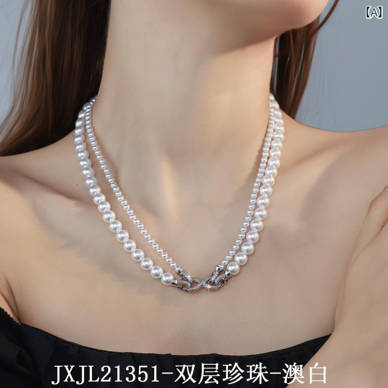 ネックレス レディース ダブルレイヤー 二連 重ね付け パール パール イミテーションパール ロング 鎖骨チェーン チョーカー 高級感 上品 華奢 個性的 かわいい 秋冬 普段使い パーティー エレガント(4.0)
