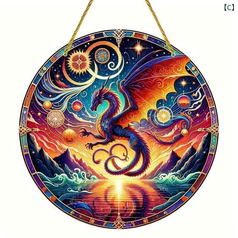 ウォールデコレーション ドラゴン 龍 彩り豊かな絵柄 アクリル製 丸型プレート ゴールドチェーン付き 玄関 壁掛け 室内 吊り飾り インテリア装飾品(x2)