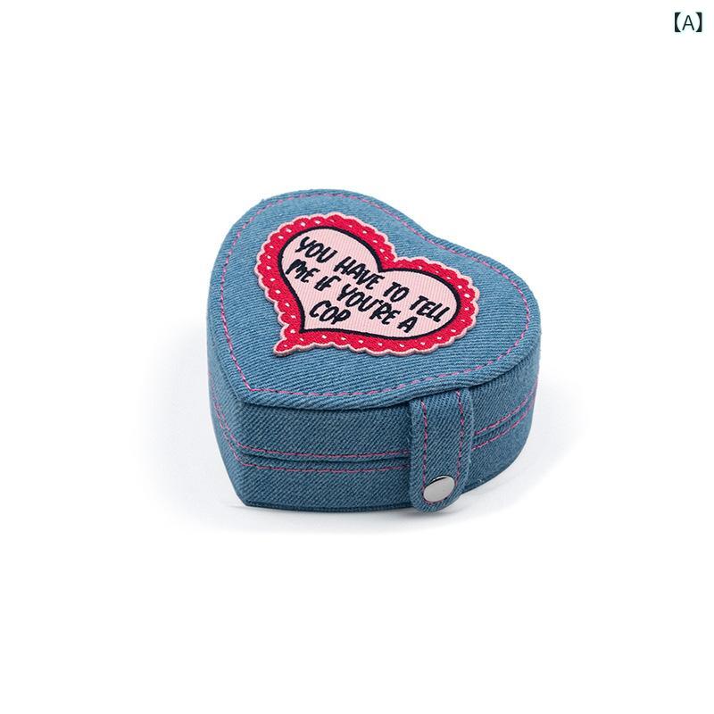 ジュエリーボックス デニム素材 ハート形 ハードケース ポータブル アクセサリー収納 持ち運び 旅行用 ..