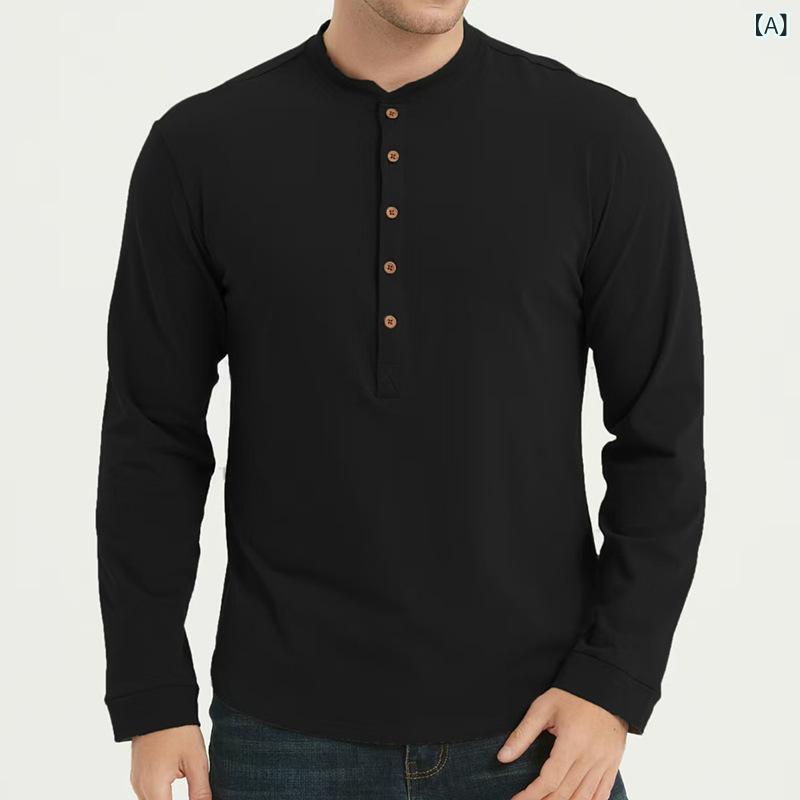 Rakuten - Tシャツ メンズ 男性用 長袖 ヘンリーネック 無地 綿 コットン 100% スリムフィット 欧米風 カジュアル 通気性 吸湿速乾 快適 春秋 トップス カットソー