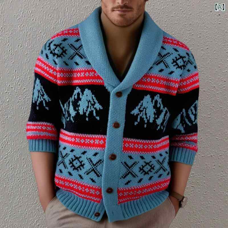 カーディガン メンズ ジャガードニット レトロ ヴィンテージライク 肉厚 保温 秋冬 アウトドア タウンユース ストリートスタイル ウォッシャブル 襟付き ブルー 羽織り