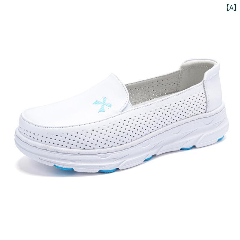 ナースシューズ レディース エアクッション 白 牛革 ラウンドトゥ パンチング加工 通気性 衝撃吸収 抗..