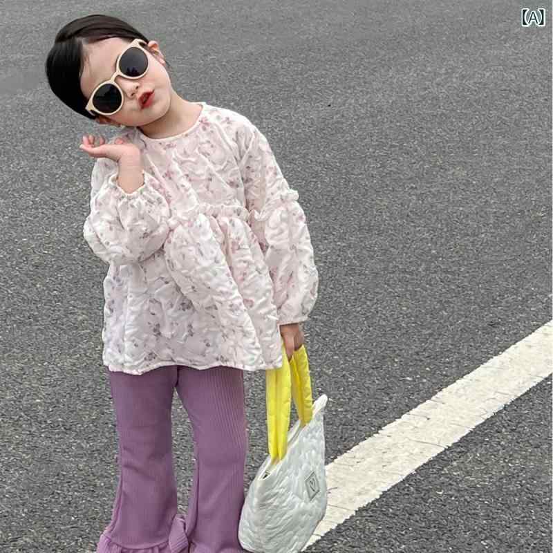 セットアップ 女の子 春秋 丸首 小花柄 パフスリーブ ぽわん袖 チュニック プルオーバー トップス パープル フレアパンツ 韓国風 上下セット かわいい おしゃれ カジュアル 通園 普段使い ポリエステル