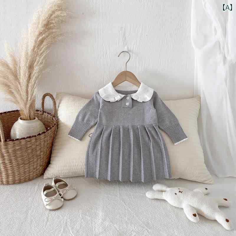 ワンピース 女の子 ベビー 子供 韓国子供服 ニットドレス 長袖 プリーツ プリンセス スウィート かわいい おしゃれ 綿 コットン 秋 グ..