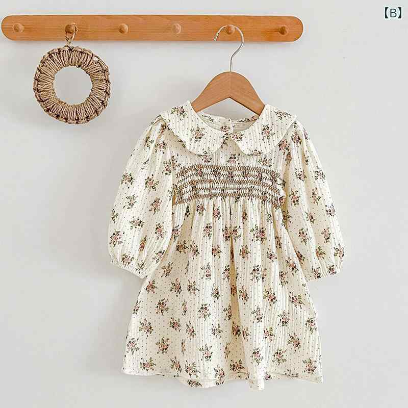 ワンピース 女の子 春秋 フリル襟 スモック 田園風 レトロ 花柄 コットン 長袖 Aライン 韓国風 裏地付き ベビー ロンパース カバーオール