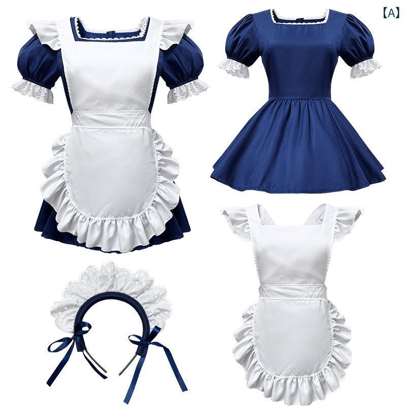 ドレス レディース 天使風 メイド服 ロリータ コスプレ 衣装 セットアップ ネイビー 紺 かわいい リバイバル イベント 撮影 ポリエステル素材 キュート ガーリー
