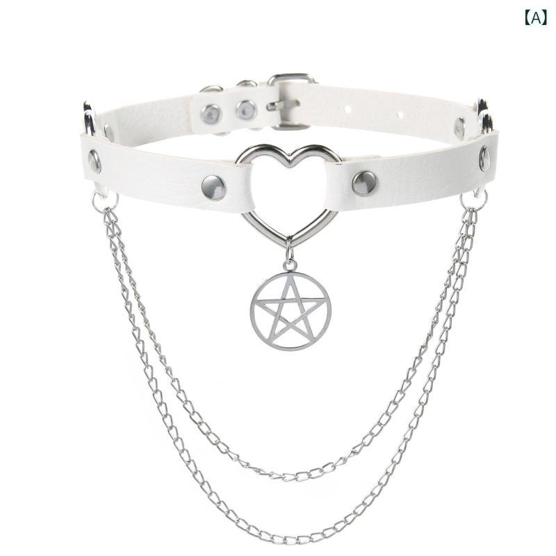 チョーカー 男女兼用 五芒星 スター ハート PUレザー フェイクレザー ペンダント チェーン ダーク系 ゴシック パンク ロック ストリート カジュアル おしゃれ かわいい(x2)