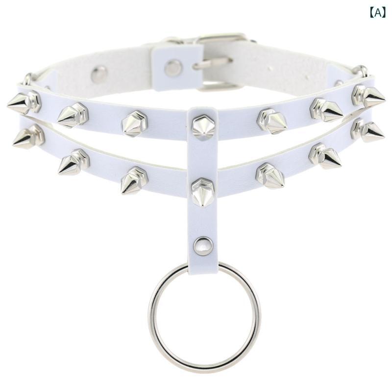 チョーカー 男女兼用 ゴシック パンク ロック スパイク スタッズ ダブルDリング レザー ネックレス クール 個性的 ハード系 ファッション アクセサリー(x2)