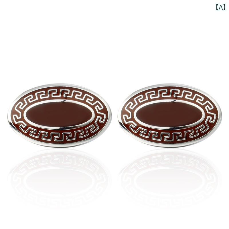 カフスボタン 男性用 赤色 レッド グレートウォール柄 長城模様 楕円形 オーバル 銅製 欧米風 ビジネス..