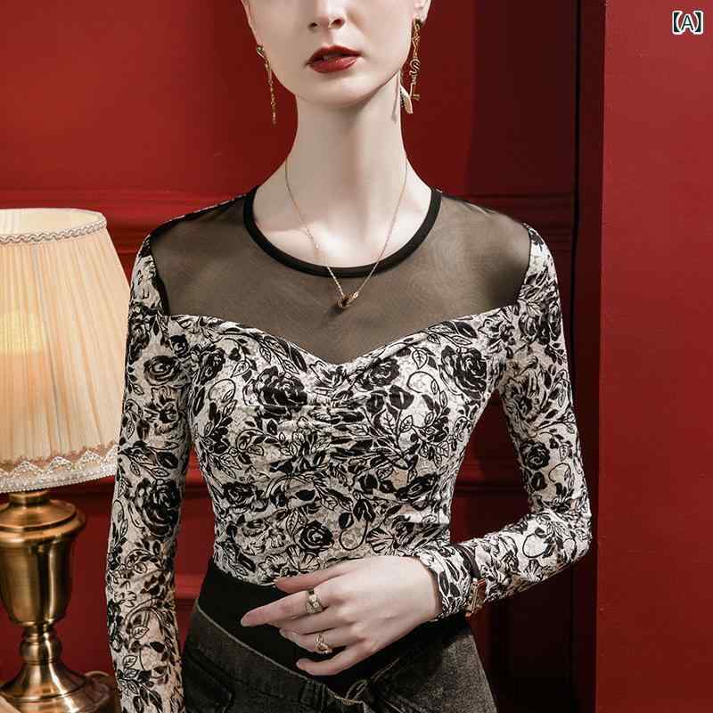 トップス レディース メッシュ 切り替え シアー レース 長袖 カットソー 秋 レトロ 花柄プリント 上品 おしゃれ 普段使い ブラックホワイト スリムフィット(x2)