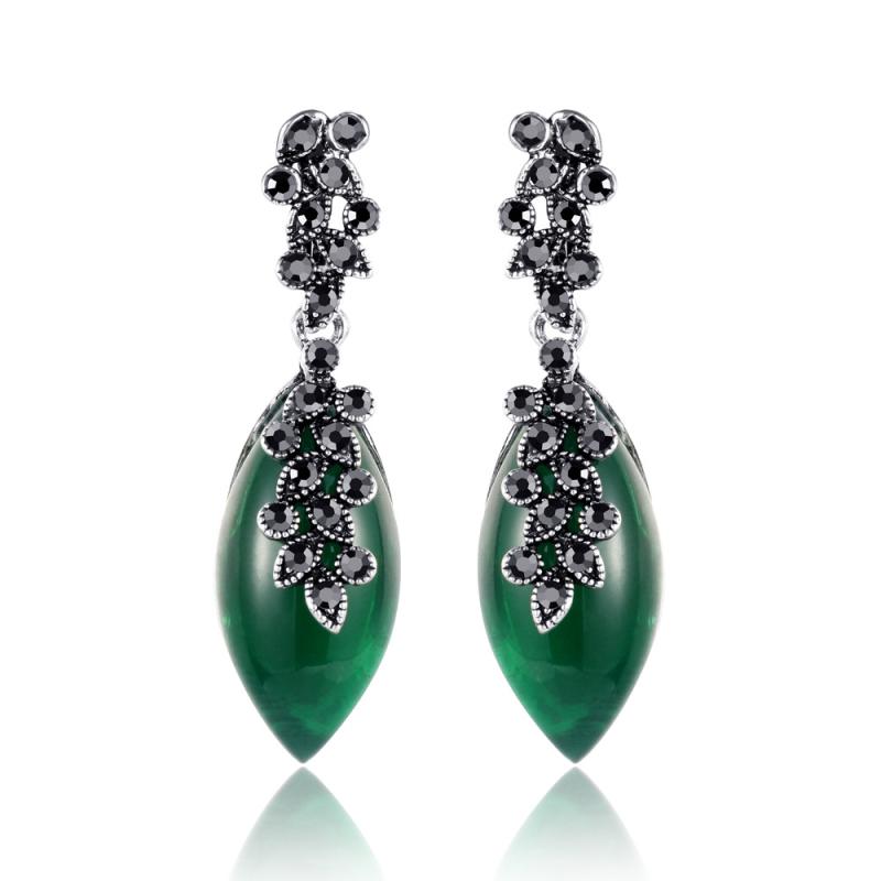 Cubic Zirconia - ピアス レディース アンティークシルバー エメラルドグリーン ジルコニア ドロップピアス レトロ ヴィンテージ アンティーク 欧米風 エスニック 合金製 ファッションアクセサリー