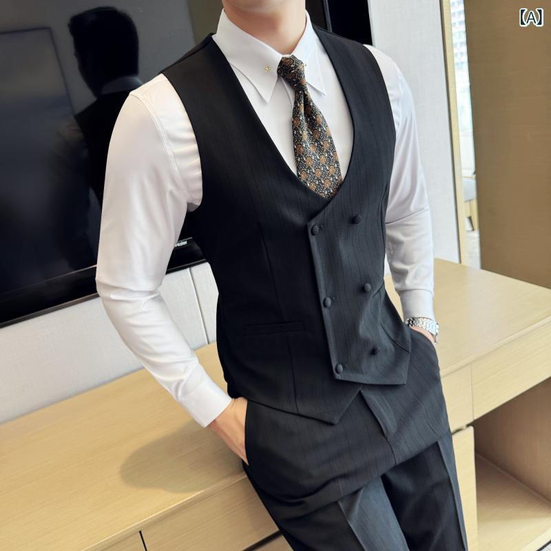 ベスト メンズ 男性用 秋冬 ブリティッシュ ダブルブレスト ストライプ ジレ スラックス パンツ スリム 細身 ノーアイロン 形態安定 ポリエステル 混紡 ビジネス 通勤 オフィス セットアップ 2点セット ブラウン 茶色