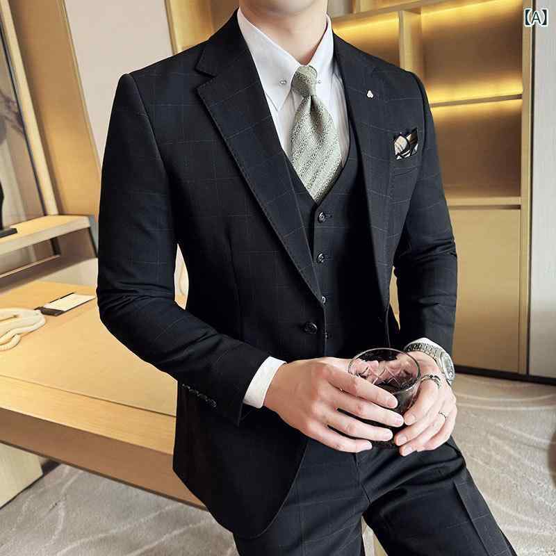 スーツ メンズ 男性用 秋冬 先染め チェック柄 格子柄 スリーピース セットアップ 結婚式 新郎 礼服 フォーマル ブライダル パーティー ビジネス 通勤 オフィス スリムフィット 細身 シワになりにくい イージーケア ポリエステル混紡