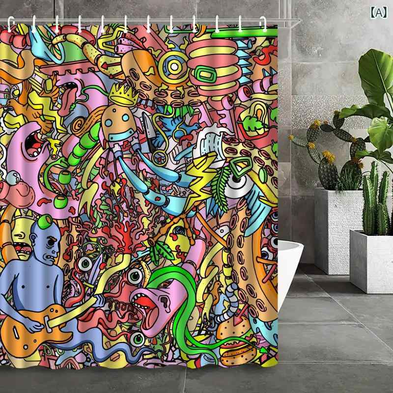 Shower Curtains - シャワーカーテン デジタルプリント デザイン柄 厚手 ポリエステル 防水 防カビ 浴室 バスルーム ユニットバス 穴あけ不要 突っ張り式 目隠し 間仕切り おしゃれ セット