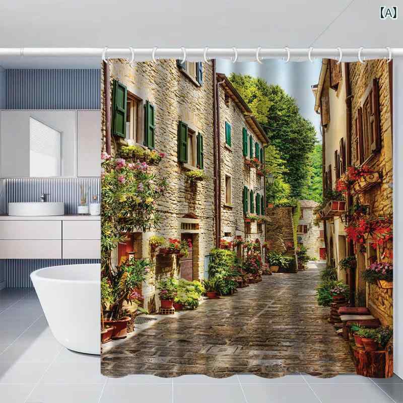 シャワーカーテン ヨーロッパ風 街並み 建築柄 グリーンリーフ ボタニカル 浴室 バスルーム インテリア 飾り ポリエステル製 防水 撥水加工 フック付き 穴開け不要 突っ張り棒対応
