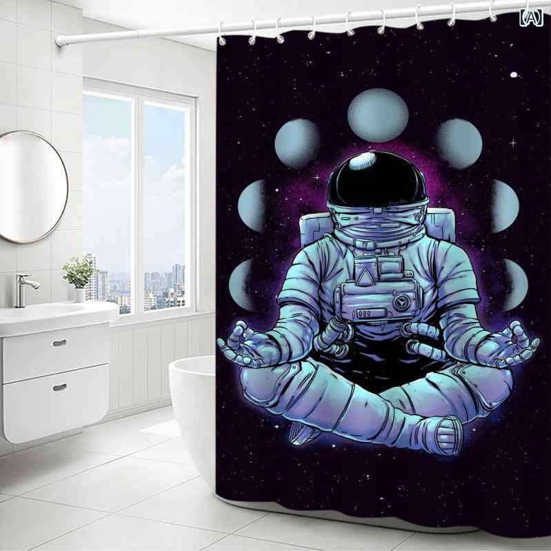 シャワーカーテン 宇宙飛行士柄 防水 撥水 ポリエステル 欧米風 北欧風 穴あけ不要 突っ張り棒対応 バ..