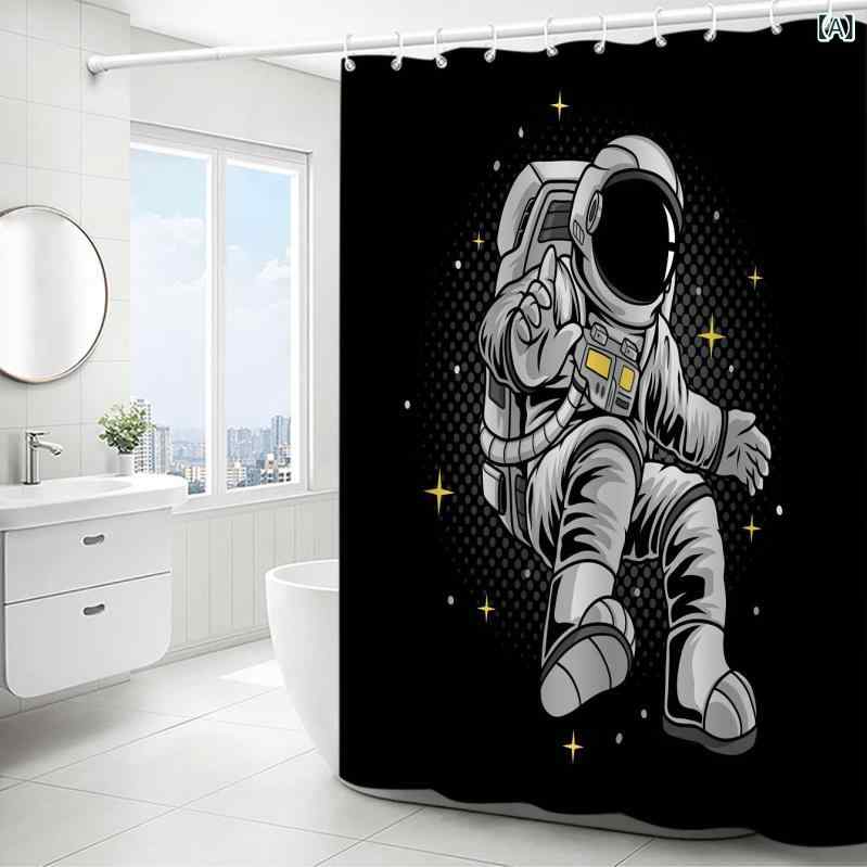 シャワーカーテン バスルームカーテン 宇宙飛行士柄 スペースデザイン 防水 速乾 ポリエステル 間仕切り 目隠し 水はね防止