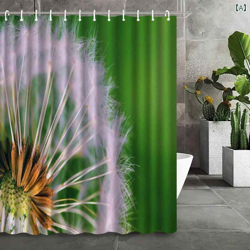 シャワーカーテン 防水 撥水加工 タンポポ柄 3Dデジタルプリント ポリエステル 浴室 バスルーム 間仕切り 目隠し ボタニカル柄