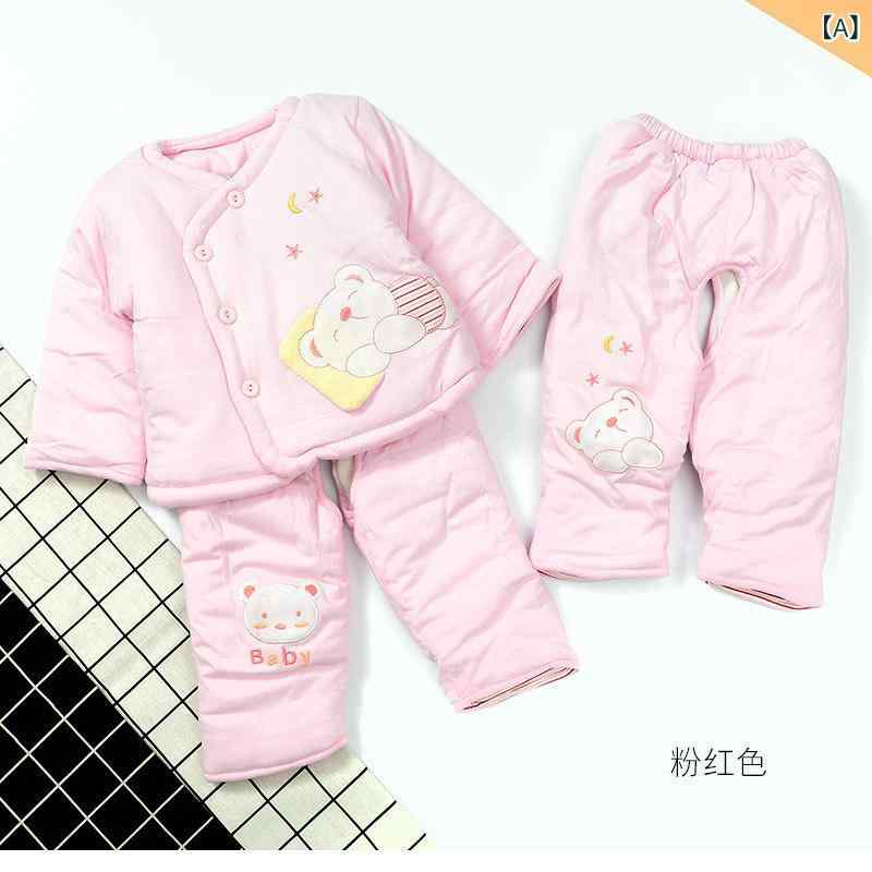 ベビー服 ベビー 幼児 新生児 厚手 あったか 保温 ニット綿入りジャケット 三点セット 刺繍柄 かわいい 秋冬 防寒着 ピンク系 イエロー系 ブルー系(x3)