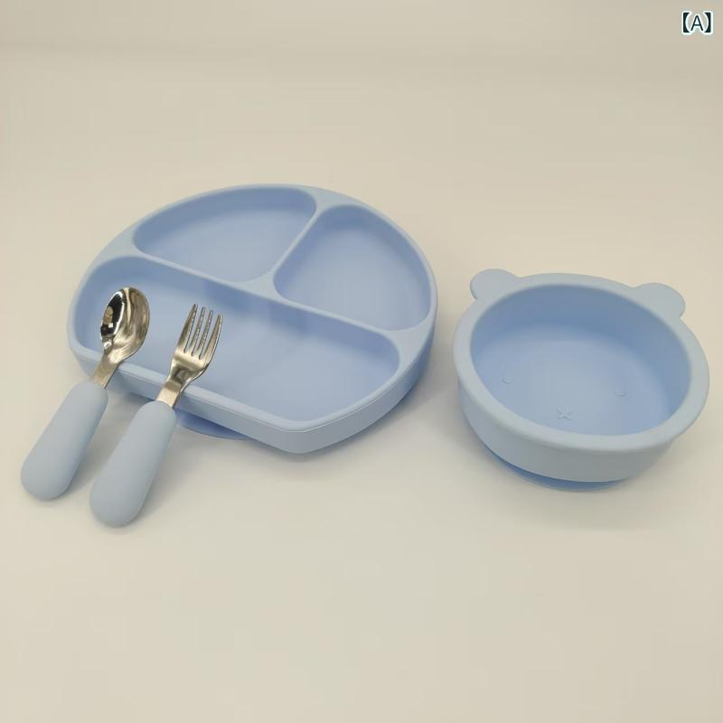 ベビー食器セット 赤ちゃん 幼児 子供用 シリコン製 一体型 吸盤付き クマ型 仕切りプレート ボウル フォーク スプーン 離乳食 すべり止め 落下防止 4点セット シンプル 多色展開