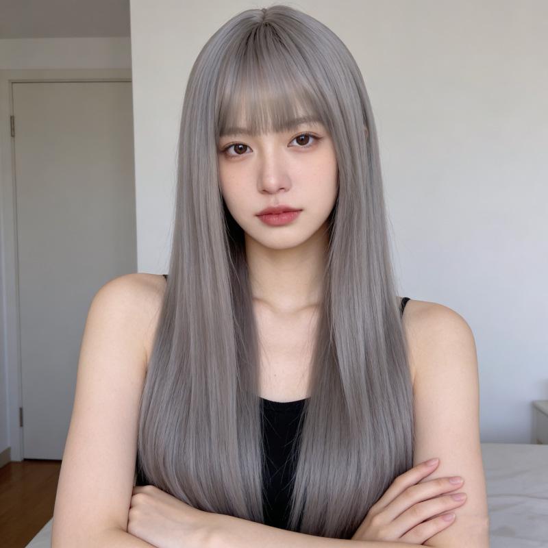 ウィッグ レディース フルウィッグ ロング ストレート シルバーグレー 空気感シースルーバング 小顔効果 自然 ネット付き かつら コスプレ 普段使い