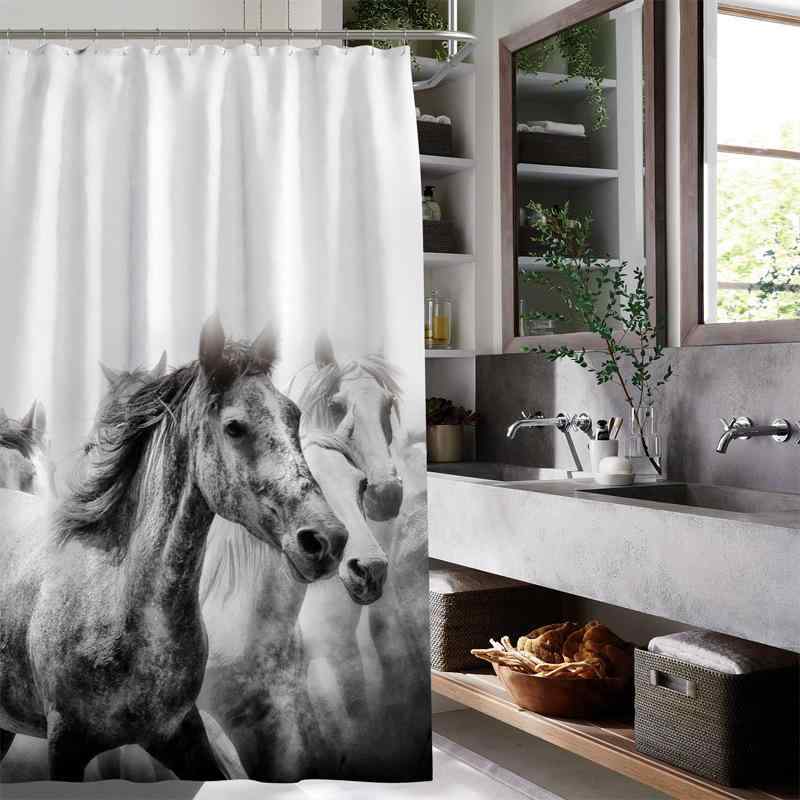 シャワーカーテン アニメ風 アニマルデザイン 躍動する馬 ホース柄 北欧風 モダン シンプル ポリエステ..