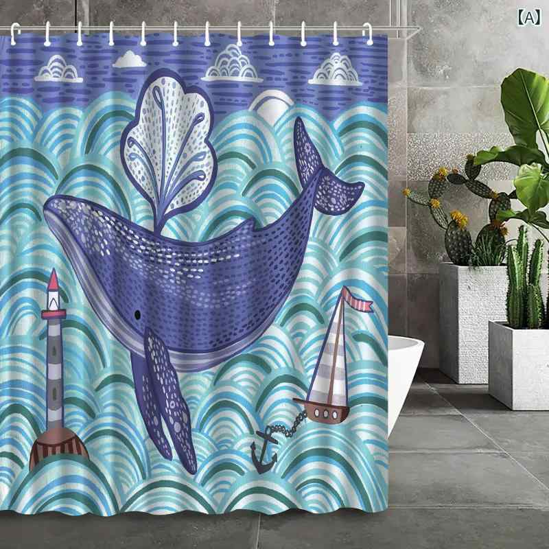 ・カテゴリ: シャワーカーテン・スタイル: マリン・素材: ポリエステル・柄: クジラ・機能: 防水、穴あけ不要・サイズ: 90×180cm、120×180cm、150×180cm、180×180cm、180×200cm
