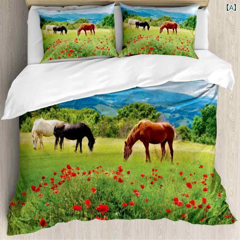 布団カバー キッズ 子供用 草原 馬 花柄 プリント 掛け布団カバー 快適 柔らか 肌触り 寝室 子供部屋 ..