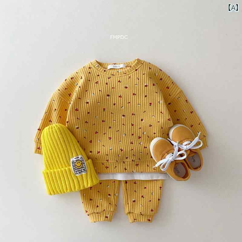 ベビー服 女の子 韓国ファッション ワッフル生地 スウェット トレーナー 小花柄 上下セットアップ 長袖..