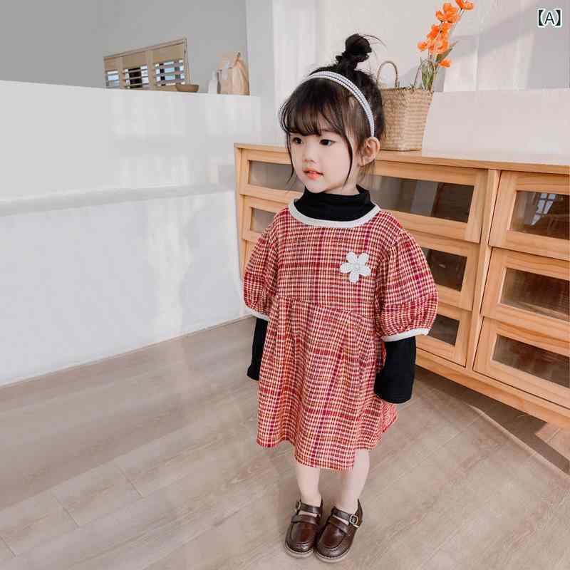 キッズ 女の子 ベビー 幼児 春秋 韓国スタイル セットアップ 長袖 ハイネック トップス チェック柄 プリンセスフレアスカート コットン 普段使い デイリー カジュアル レッド ブルー 2点セット